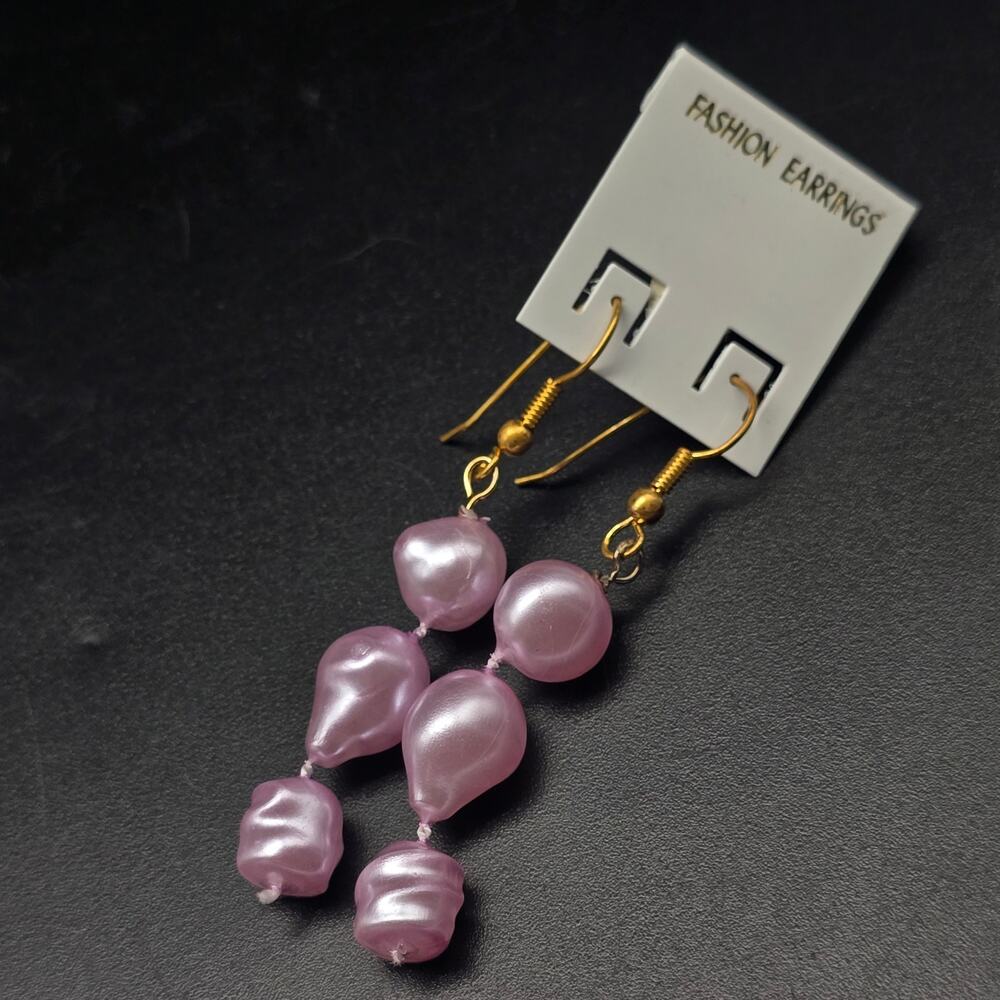 Purple Faux Pearl Beaded Earrings Vintage 1980s NOS Easter Spring Pastel